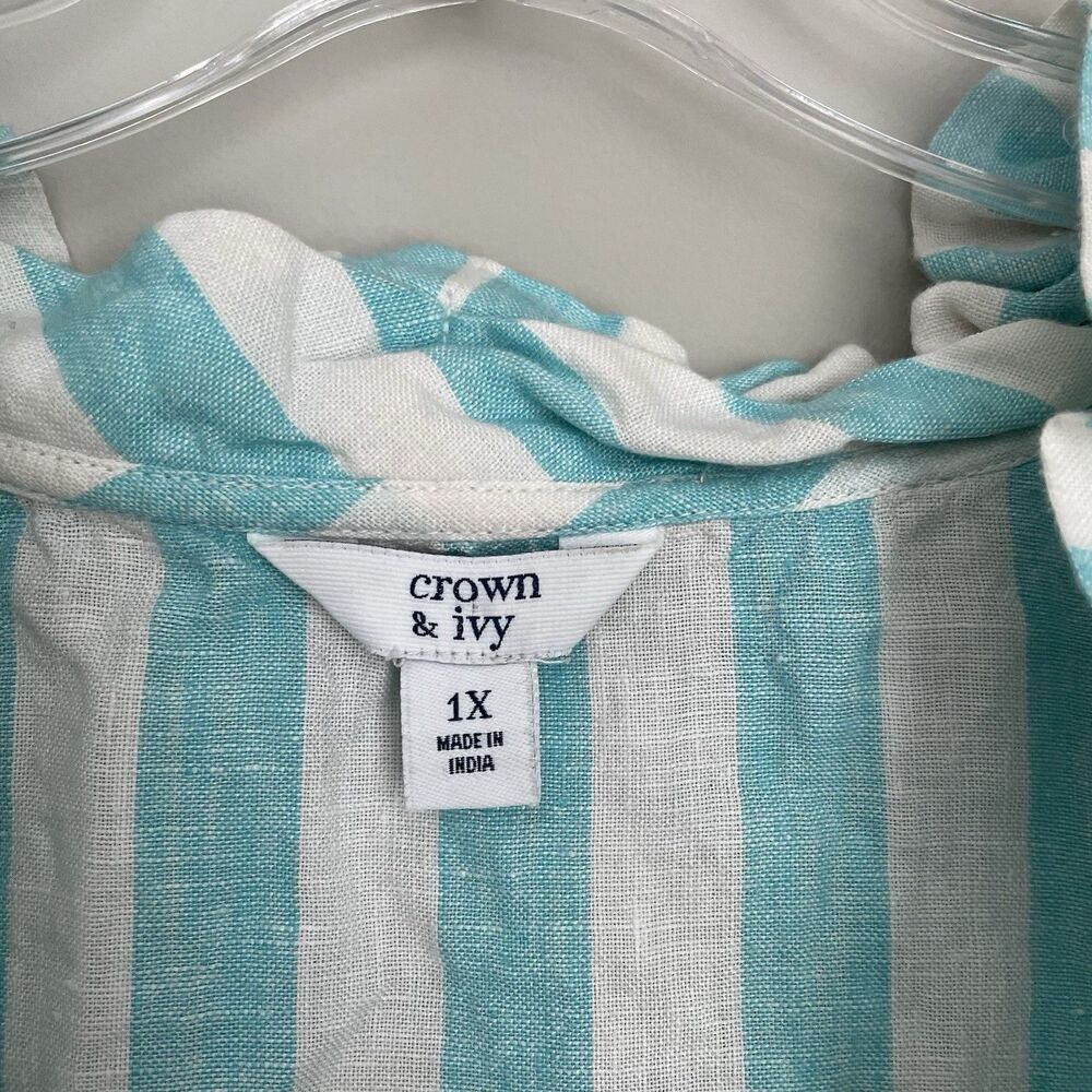 Crown & Ivy Size 1X Blue White Striped 100% Linen Sleeveless Ruffle Collar Shirt - Picture 3 of 6